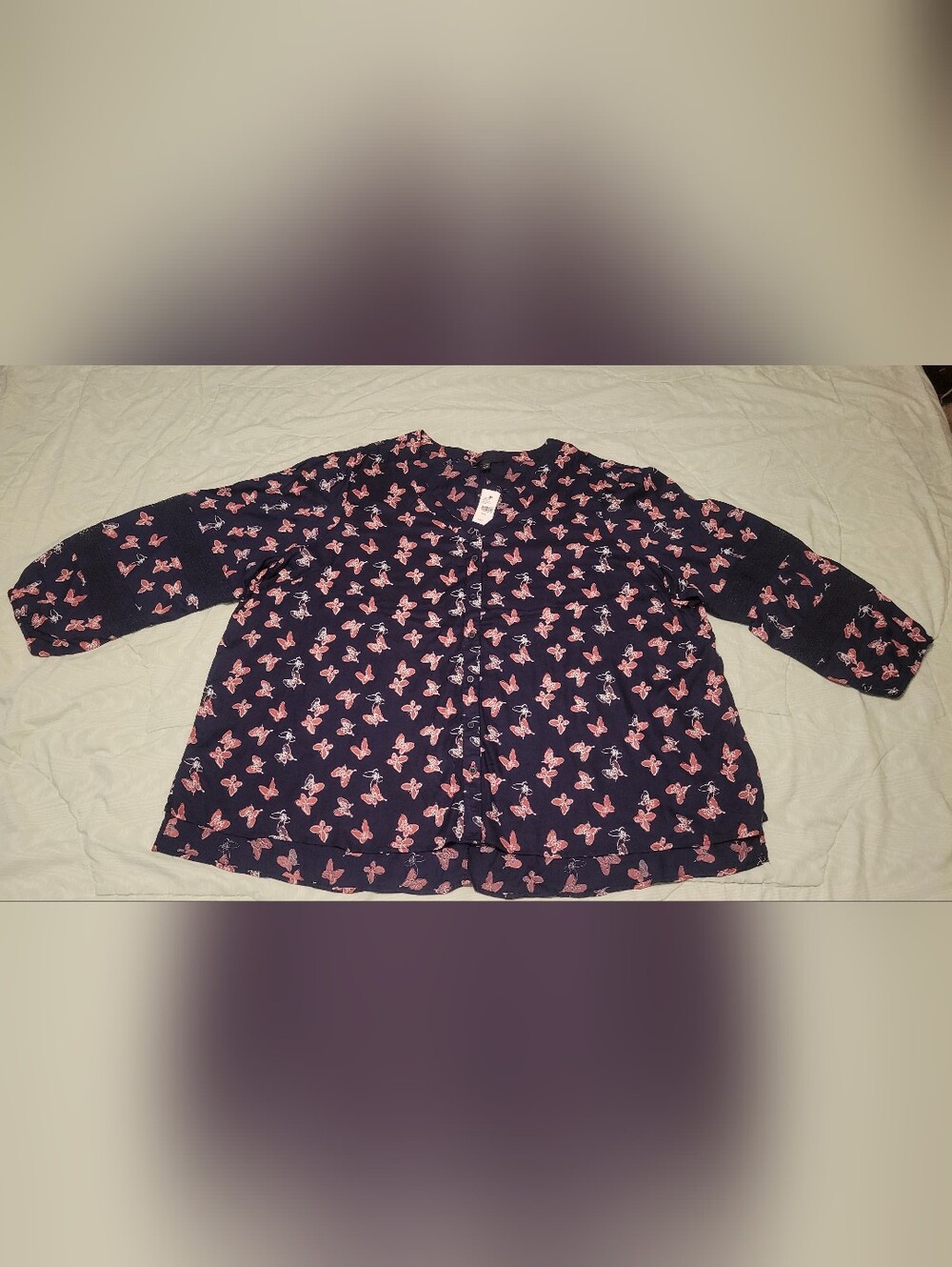 Lane Bryant Navy Blouse with Pink Butterfly Print